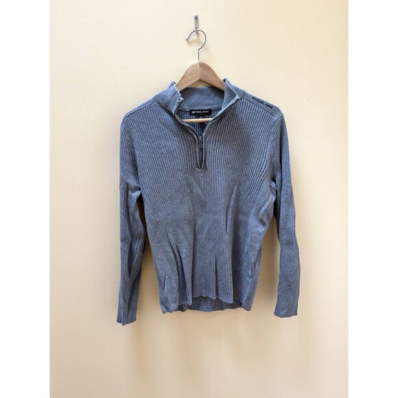 Michael Kors Mens Gray Ribbed Long Sleeve Quarter Zip Size Small Logo Sweater - Picture 1 of 6